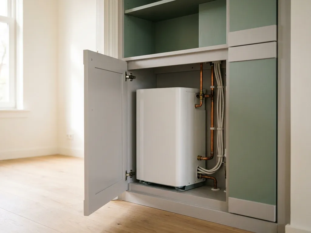 Compacte witte warmtepomp gemonteerd in een Nederlandse meterkast, met koperen leidingen en kabelgoten, lichte eiken vloer op de achtergrond.