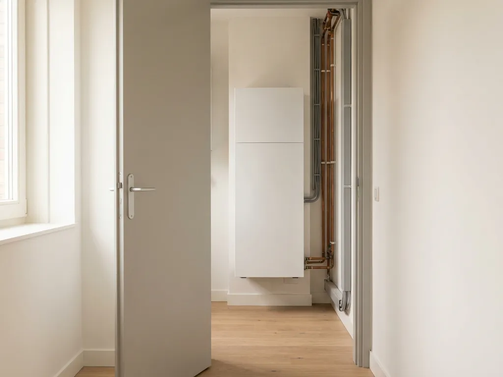 Compacte witte warmtepomp in meterkast van modern Nederlands appartement, met koperen leidingen en lichte eiken vloer op de achtergrond.