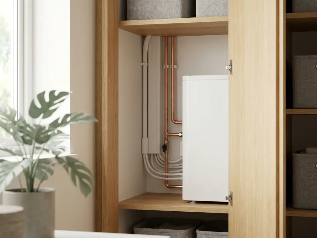 Compacte witte warmtepomp in een moderne Nederlandse meterkast met koperen leidingen en lichte eikenhouten accenten.