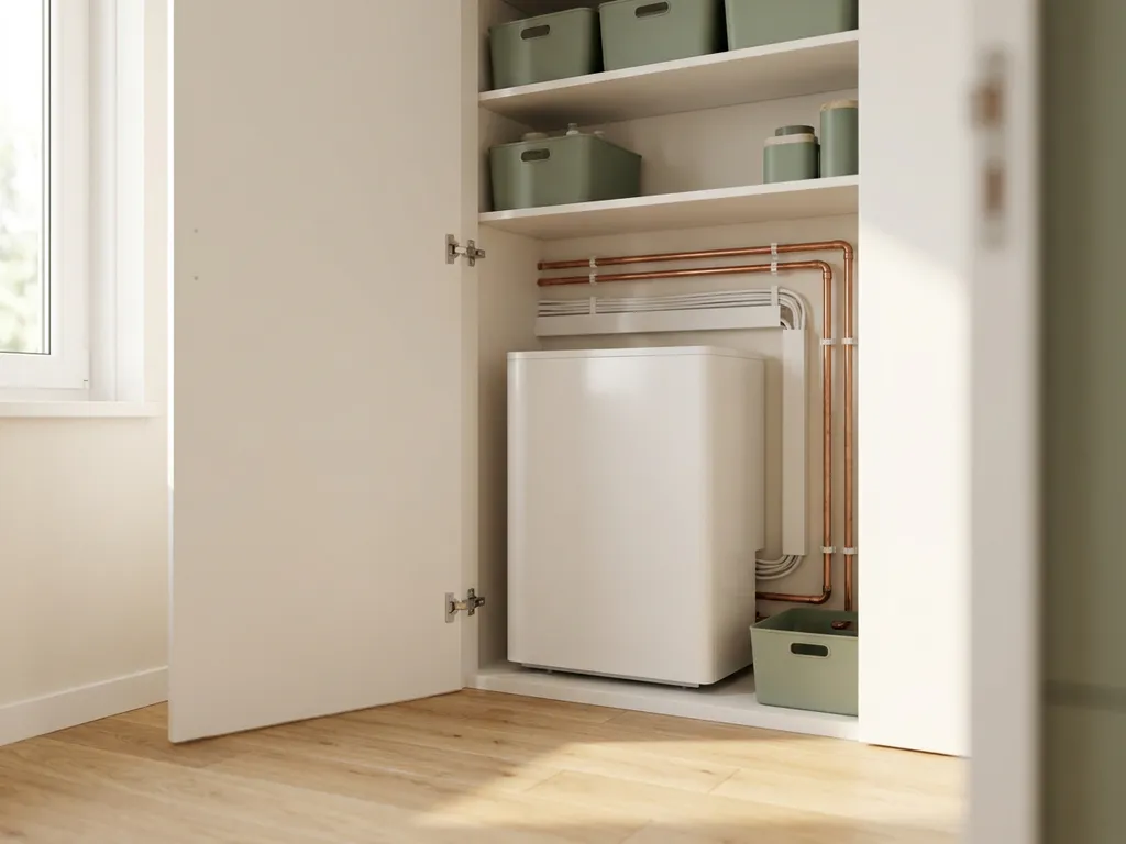 Compacte witte warmtepomp in een moderne Nederlandse meterkast met koperen leidingen en lichte eiken vloer.