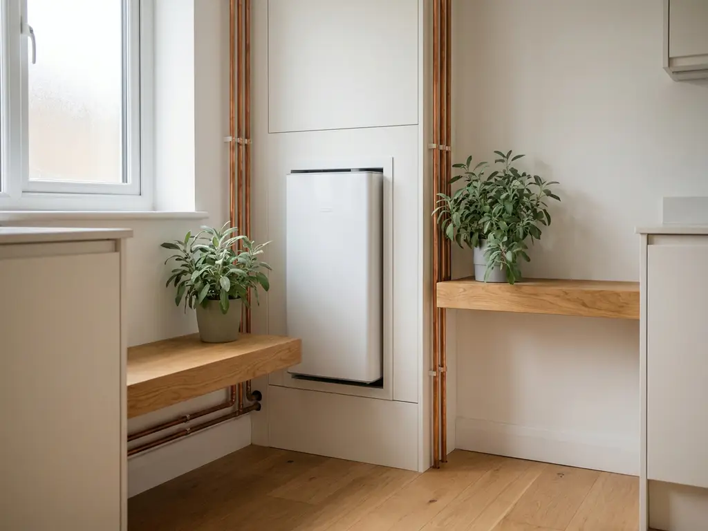 Compacte witte warmtepomp gemonteerd in moderne bijkeuken met koperen leidingen langs de muur en saliegroen potplant op plank.