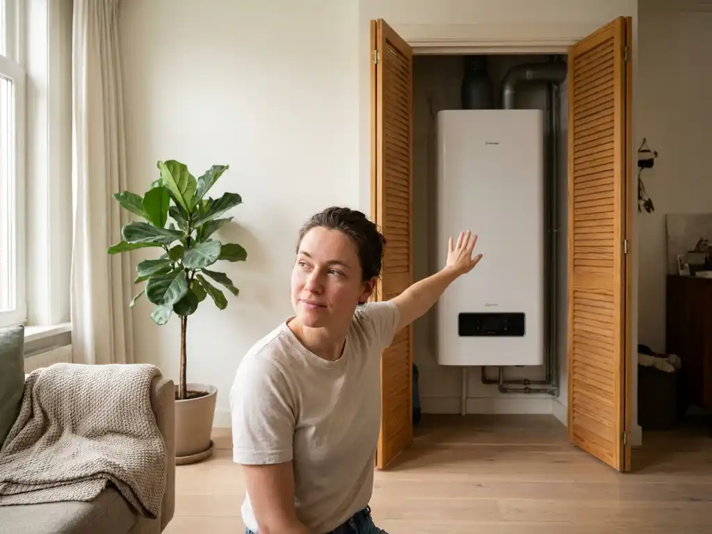 Persoon luistert aandachtig bij een witte compacte warmtepomp in een lichte Nederlandse woonkamer met eiken vloer.