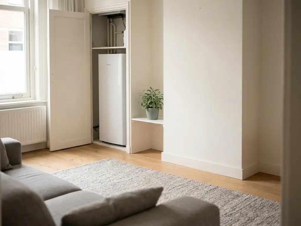 Plug-and-play warmtepomp in open meterkast van compact Nederlands rijtjeshuis met lichte eiken vloer en saliegroen plantje.
