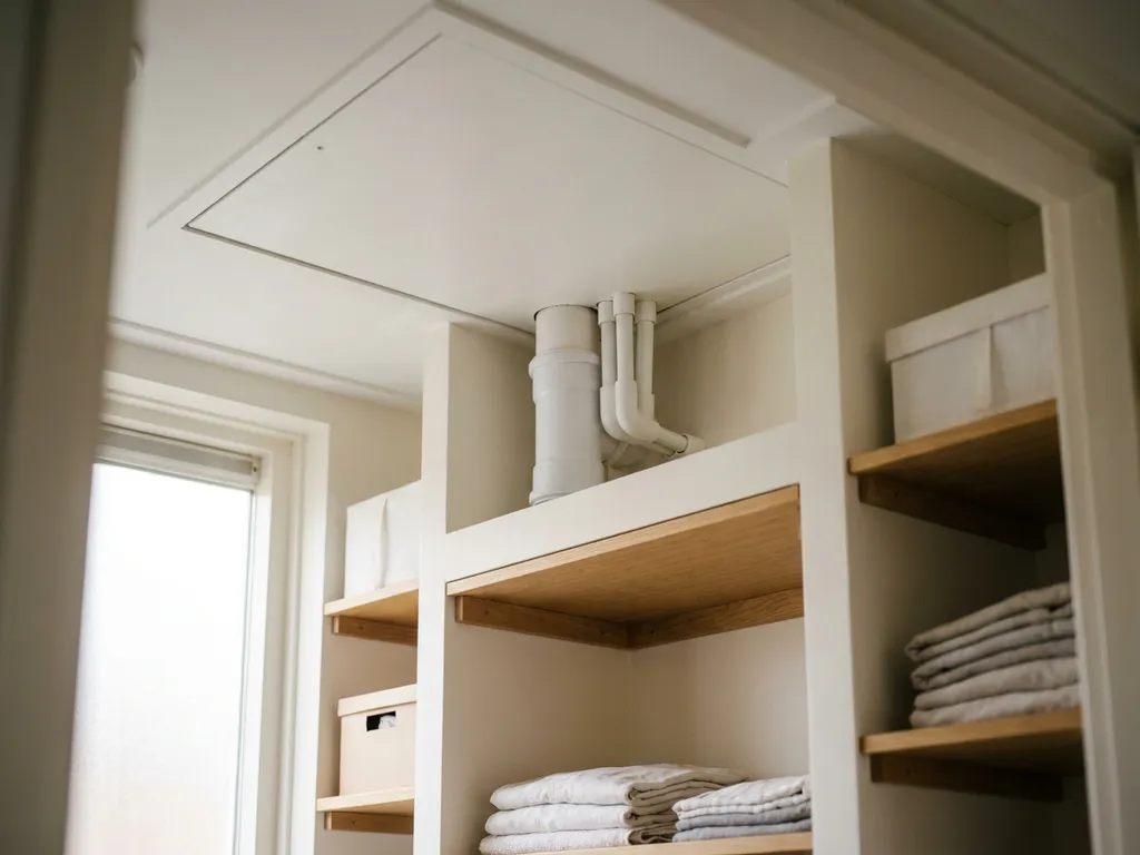 Dakdoorvoer fitting met witte pijpen door meterkastplafond in Nederlandse tussenwoning, omgeven door lichte eikenhouten planken.