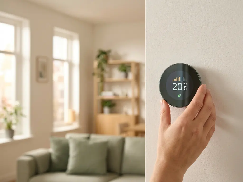 Hand die een digitale thermostaat bijstelt in een moderne Nederlandse woonkamer, energieverbruik zichtbaar op het verlichte display.