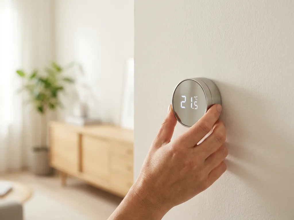 Hand die een digitale thermostaat instelt op een witte muur, met een minimalistische Nederlandse woonkamer op de achtergrond.