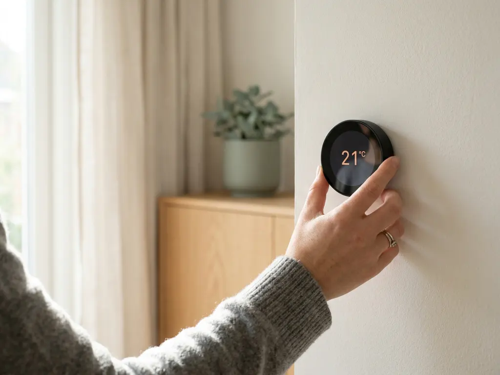Hand die een digitale thermostaat bijstelt op witte muur, moderne minimalistische woonkamer met lichte eiken meubels op de achtergrond.