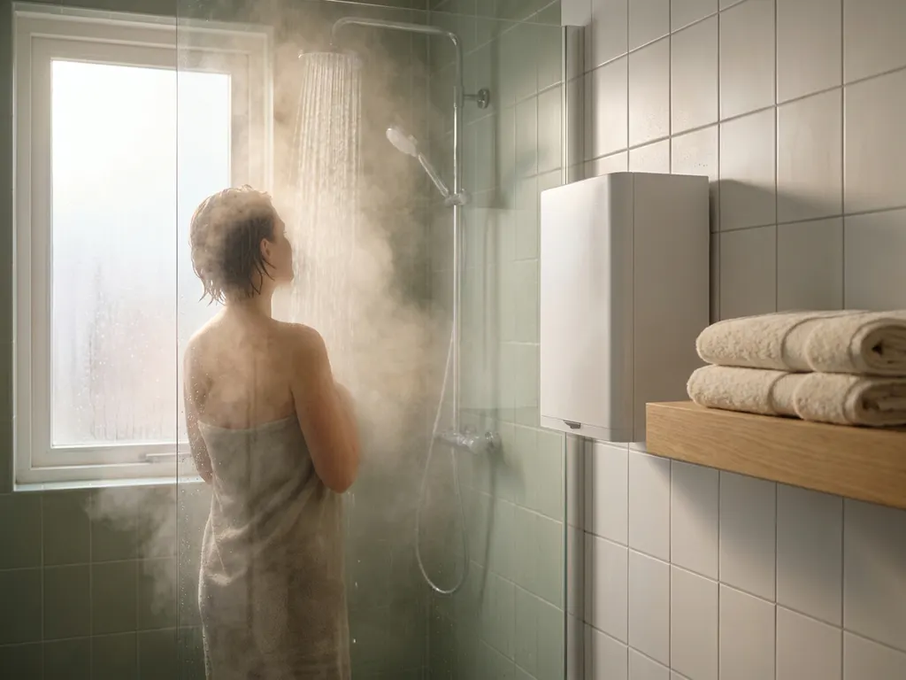 Persoon onder lopende douche in minimalistische Nederlandse badkamer met warmtepomp aan muur, eiken plank met handdoeken en ochtendlicht.
