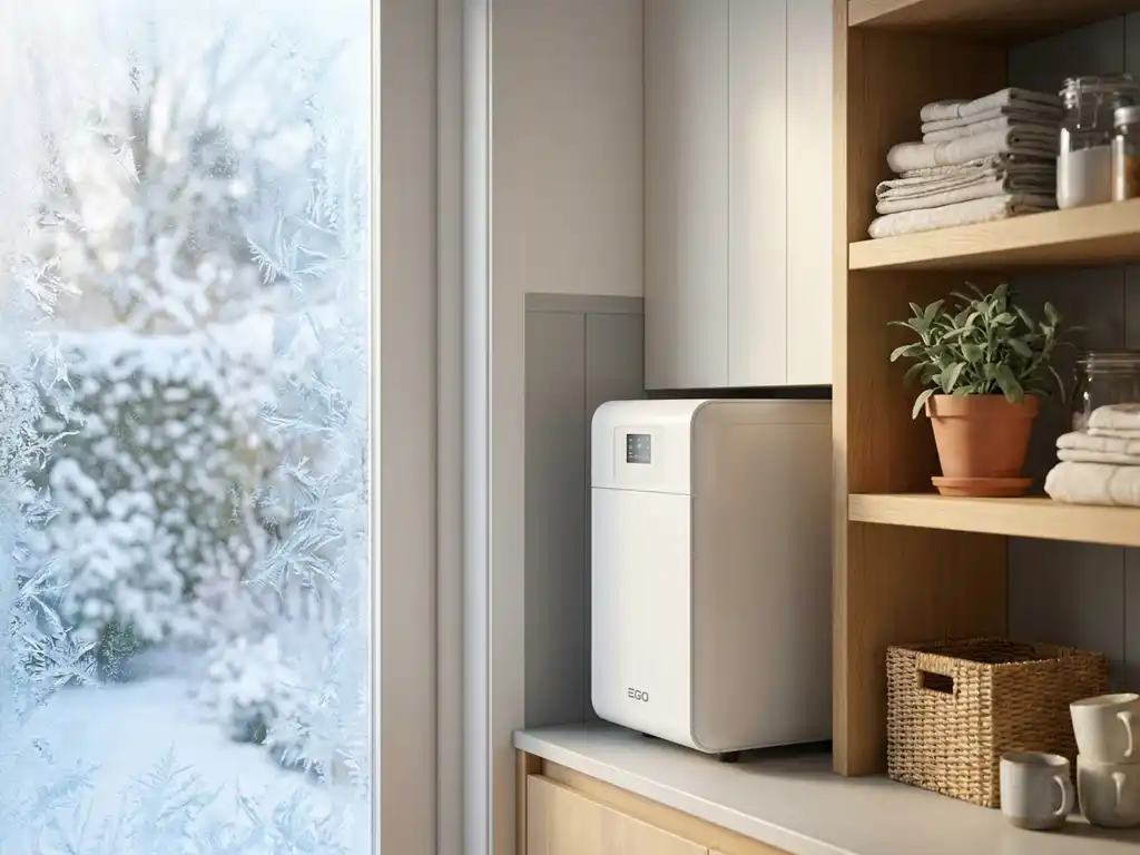 Witte EGO warmtepomp in Nederlandse bijkeuken met lichte eiken planken, ijskristallen zichtbaar op buitenmuur achter bevroren raam.