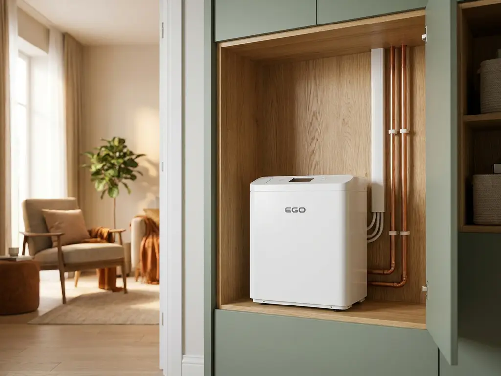 Compacte witte EGO warmtepomp in een moderne Nederlandse meterkast, zonder buitenunit, met koperen leidingen en kabelgoten.