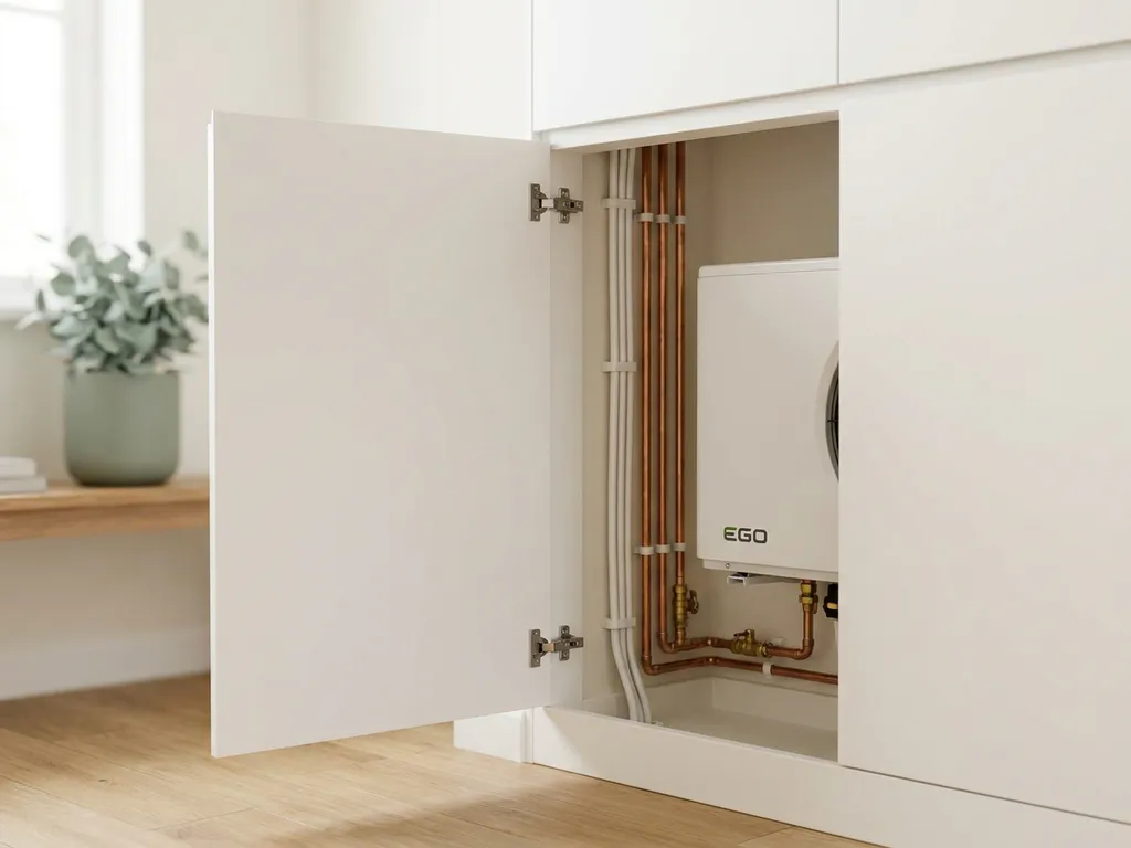 Witte EGO warmtepomp in een moderne Nederlandse meterkast met koperen leidingen en nette kabelgeleiding.