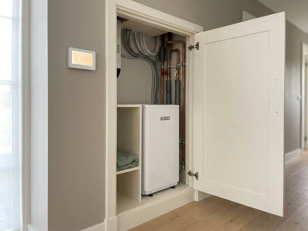 Compacte witte EGO warmtepomp in Nederlandse meterkast met koperen leidingen en wandthermostaat, natuurlijk licht.