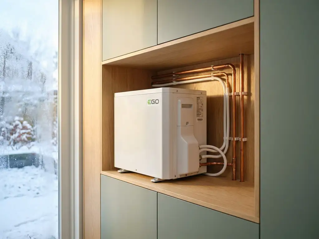 Witte EGO warmtepomp in een moderne Nederlandse meterkast met koperen leidingen, bevroren raam zichtbaar op de achtergrond.