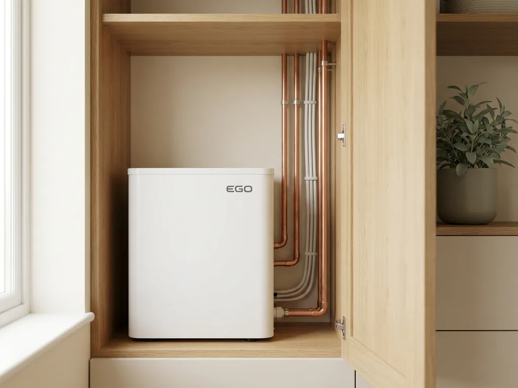 Compacte witte EGO warmtepomp in een moderne Nederlandse meterkast met koperen leidingen en nette kabelgoten.