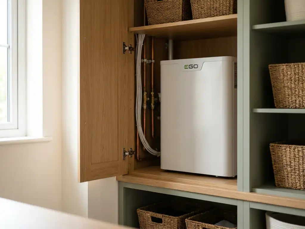 Compacte witte EGO warmtepomp in een moderne Nederlandse meterkast met koperen leidingen en nette kabelgeleiding.