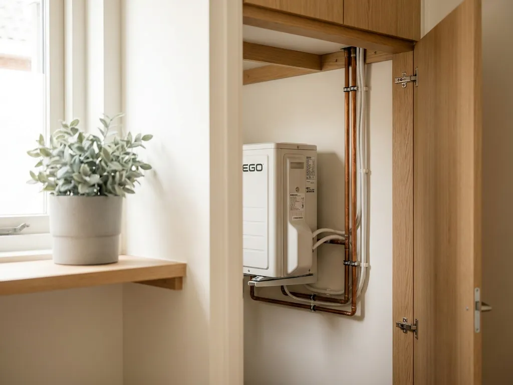 Compacte witte EGO warmtepomp in een moderne Nederlandse meterkast met koperen leidingen en nette kabelgeleiding.