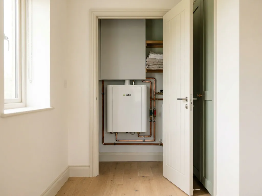 Compacte witte warmtepomp in een nette meterkast met koperen leidingen, halfopen deur met lichte eiken vloer op de achtergrond.