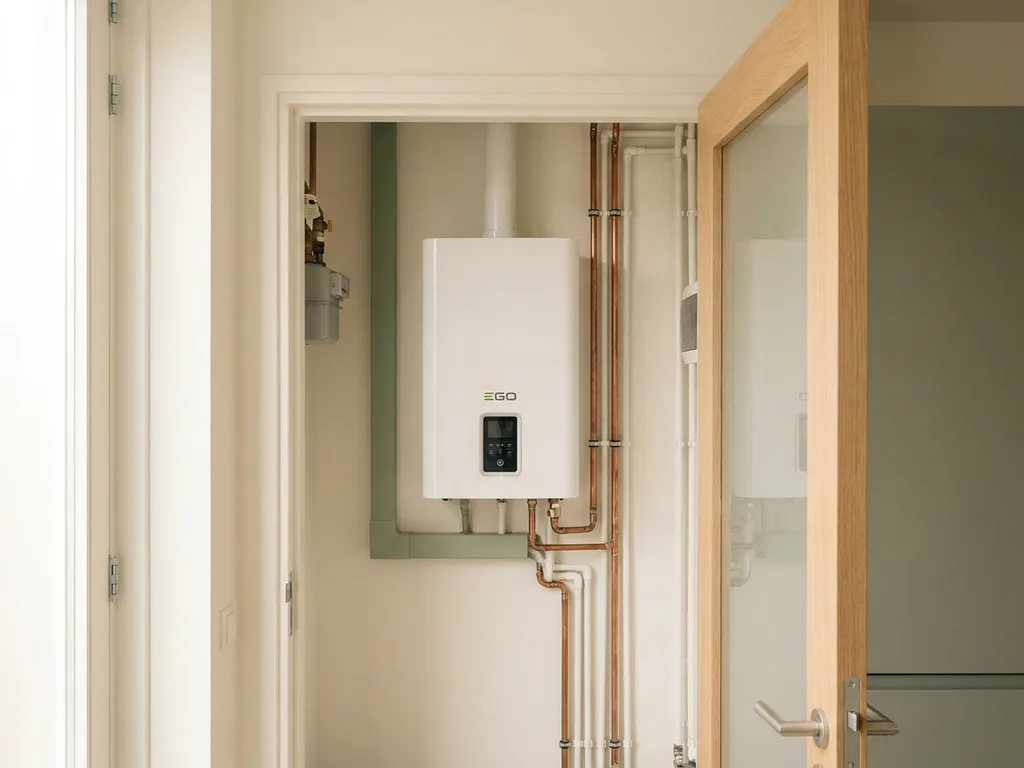 Compacte witte EGO warmtepomp geïnstalleerd in een Nederlandse meterkast met koperen leidingen en nette kabelgeleiding.