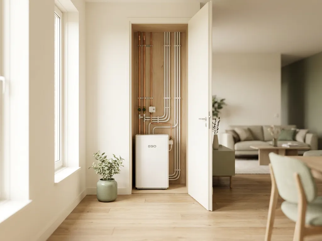 Compacte witte EGO warmtepomp in open meterkast met koperen leidingen, lichte eiken vloer en saliegroen potplantje ernaast.
