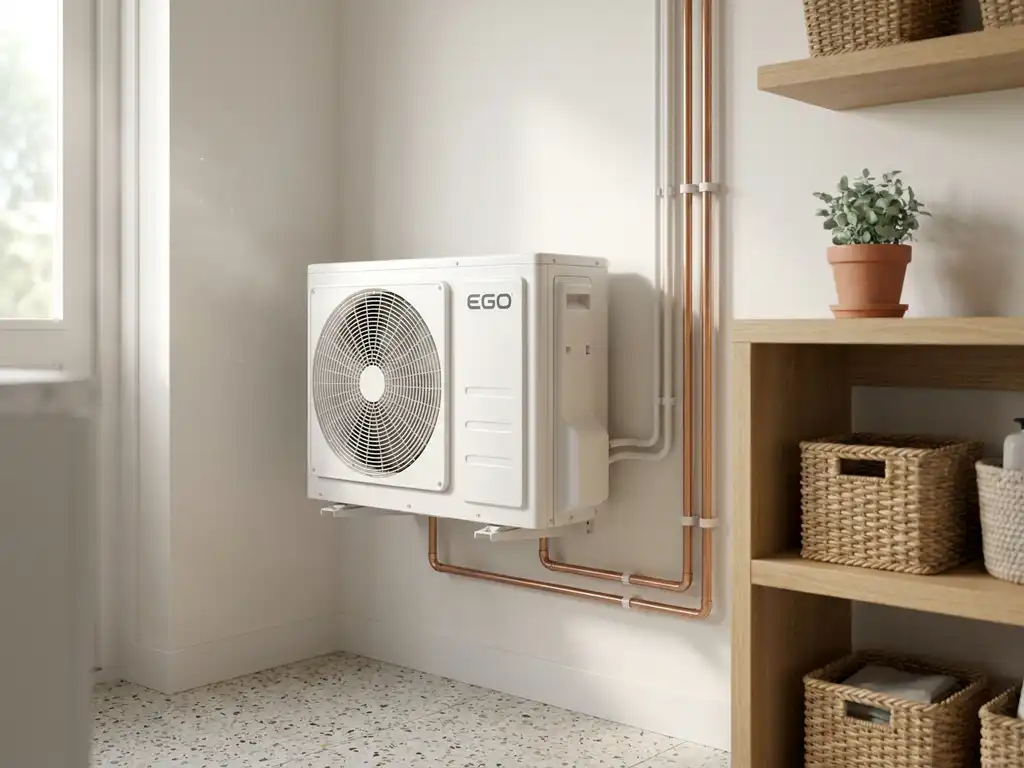 Compacte witte EGO warmtepomp in nette Nederlandse meterkast met koperen leidingen, eiken planken en salie groene plant.