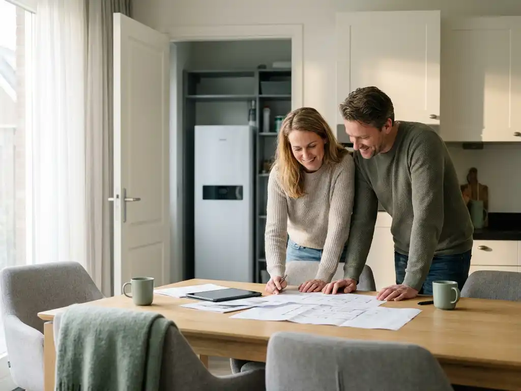 Nederlandstalig stel van middelbare leeftijd bekijkt woningdocumenten aan eiken keukentafel, met warmtepomp zichtbaar op achtergrond.