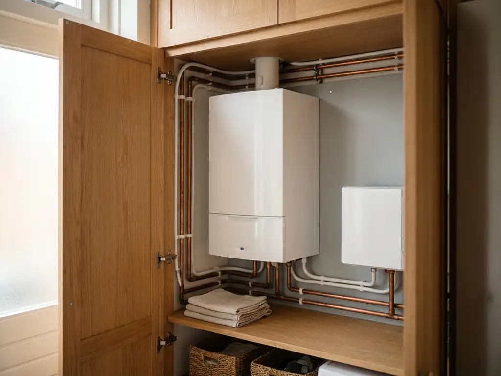 Elektrische boiler en warmtepomp in nette Nederlandse meterkast met koperen leidingen, witte kabelgoten en eiken accenten.