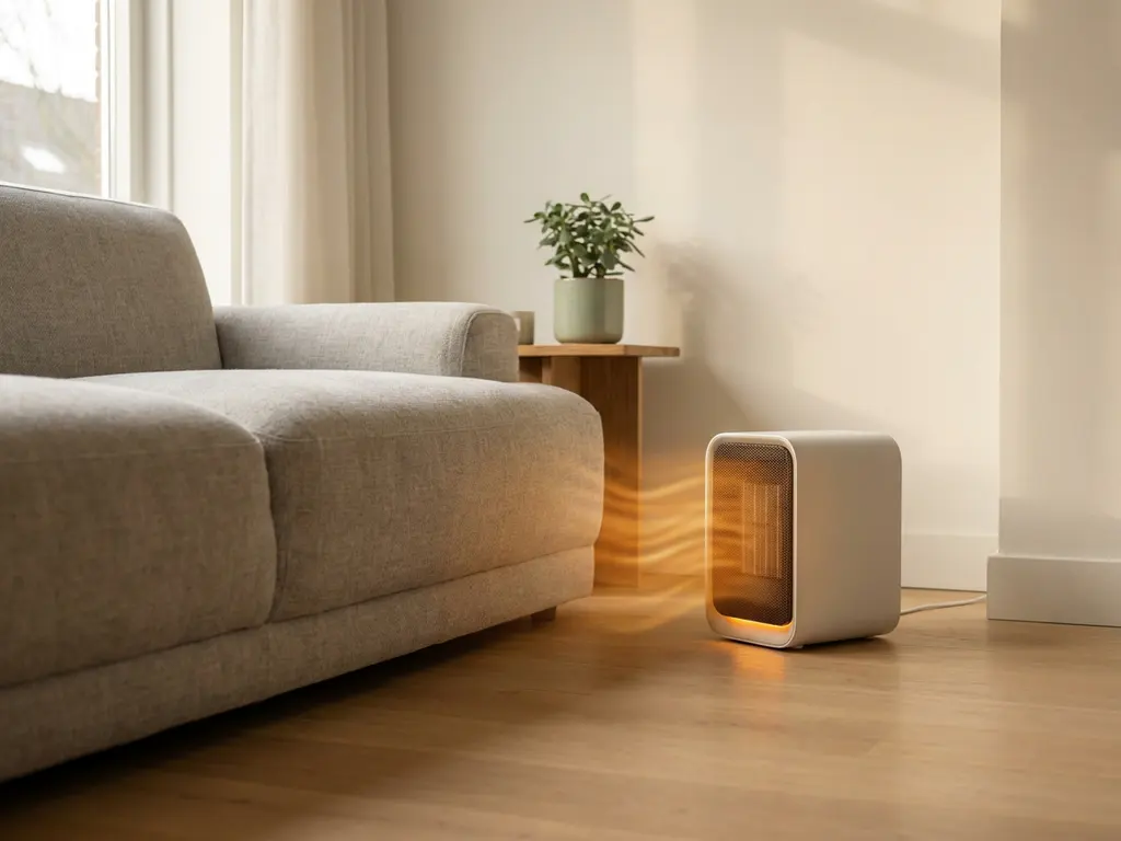 Witte elektrische ruimteverwarmer op lichte eiken vloer naast linnen bank, met zichtbare warmtegloed in minimalistisch Nederlands interieur.