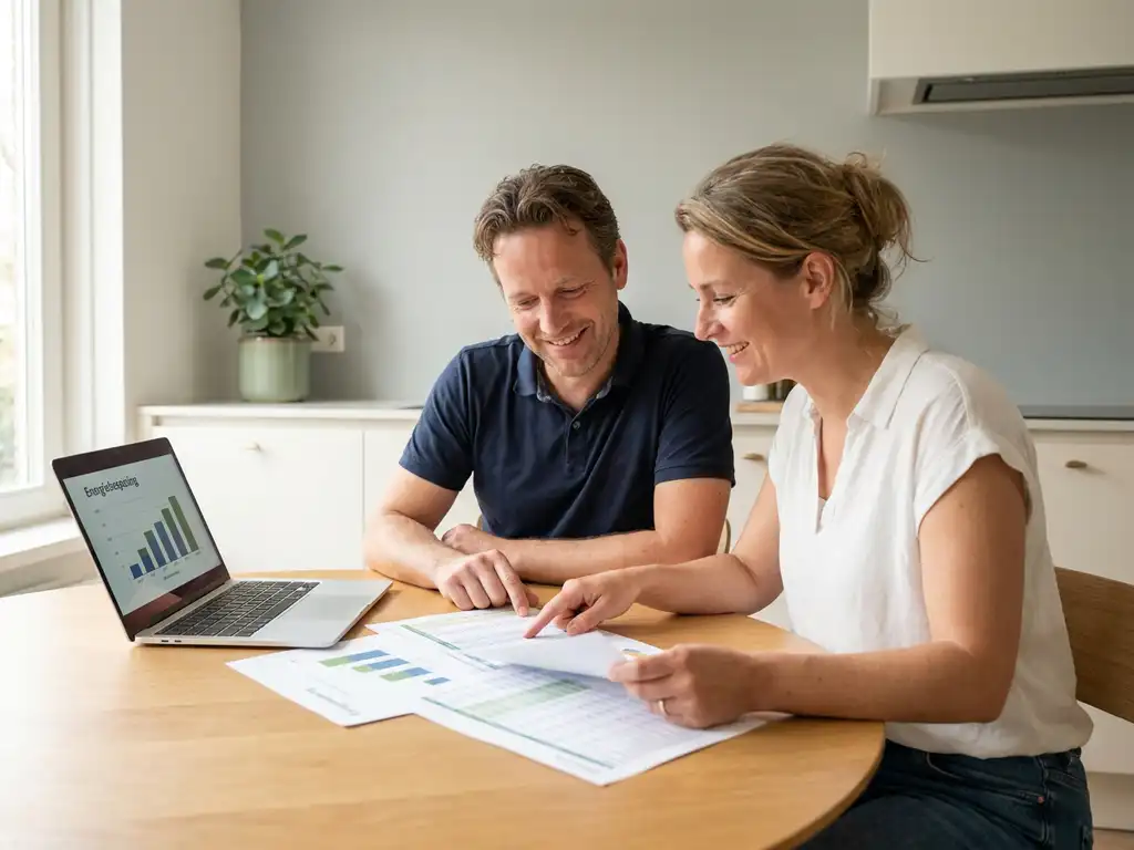 Stel van middelbare leeftijd vergelijkt kostendocumenten voor energiebesparing aan eiken keukentafel met laptop.