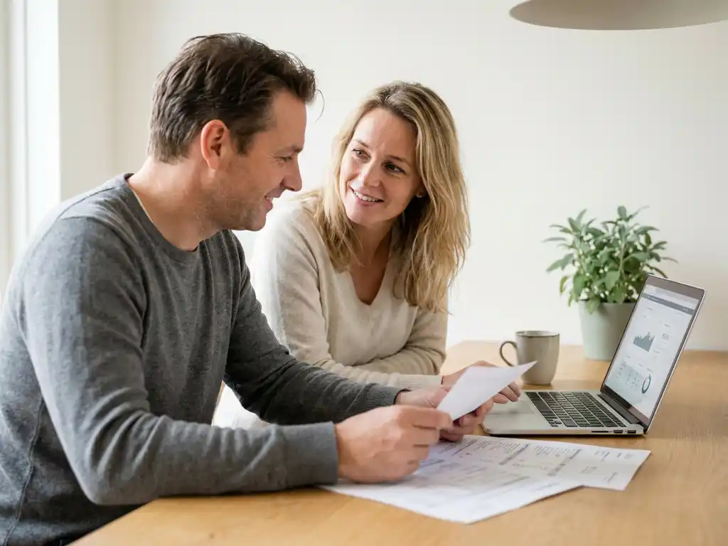 Stel van middelbare leeftijd bekijkt energiekosten op laptop en documenten aan eiken keukentafel in lichte, moderne woning.