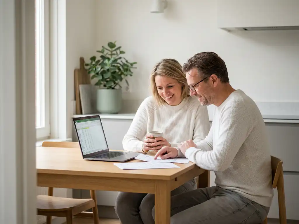 Nederlandstalig echtpaar van begin 40 bekijkt energiekostenoverzicht aan lichte eiken keukentafel met laptop.