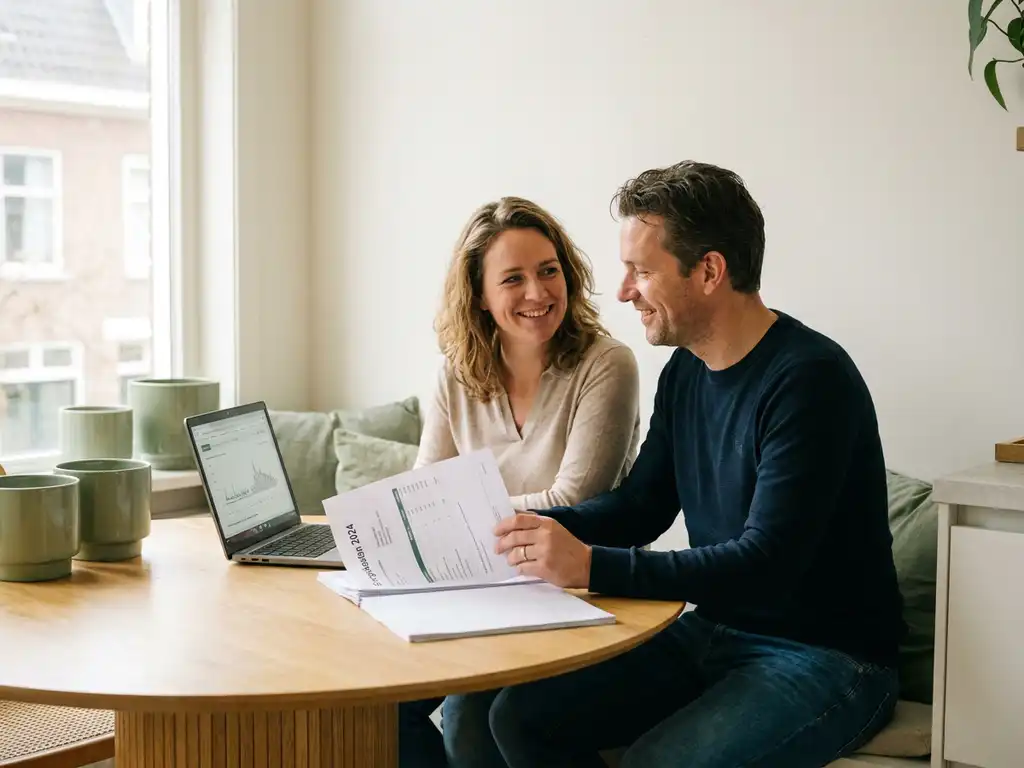 Stel van middelbare leeftijd bekijkt energiekosten documenten aan eiken keukentafel met laptop, ontspannen en zelfverzekerd.