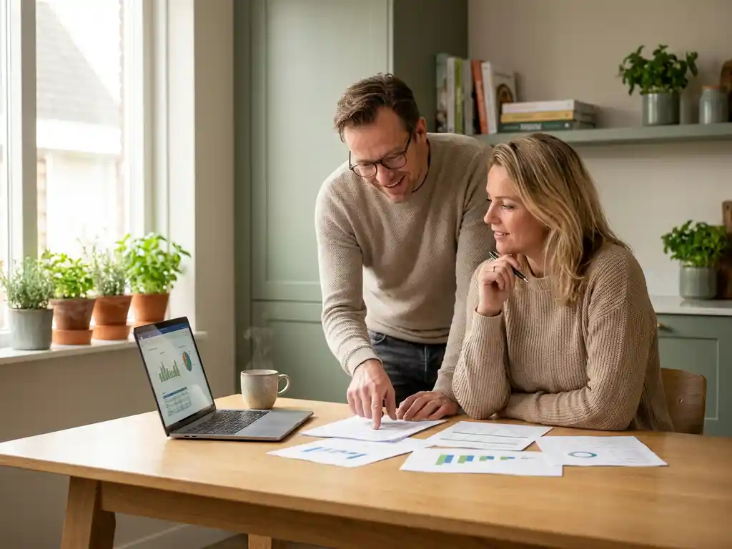 Nederlands stel van begin veertig bekijkt energiekosten documenten aan een lichte eiken keukentafel met laptop en dampende koffie.