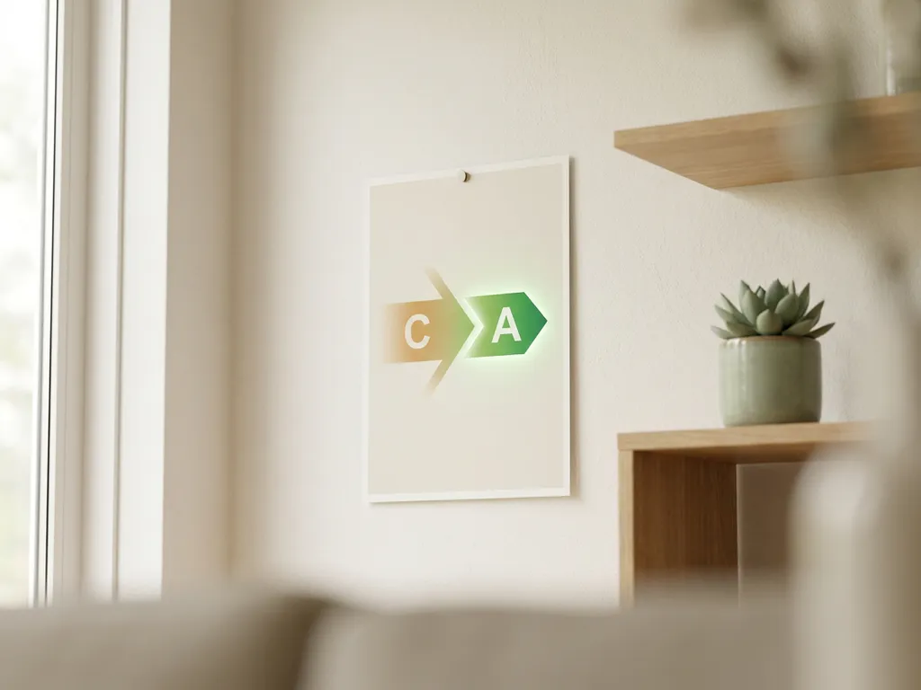 Energielabel certificaat van C naar A op witte muur in minimalistische Nederlandse woonkamer met eiken schap en salie plant.