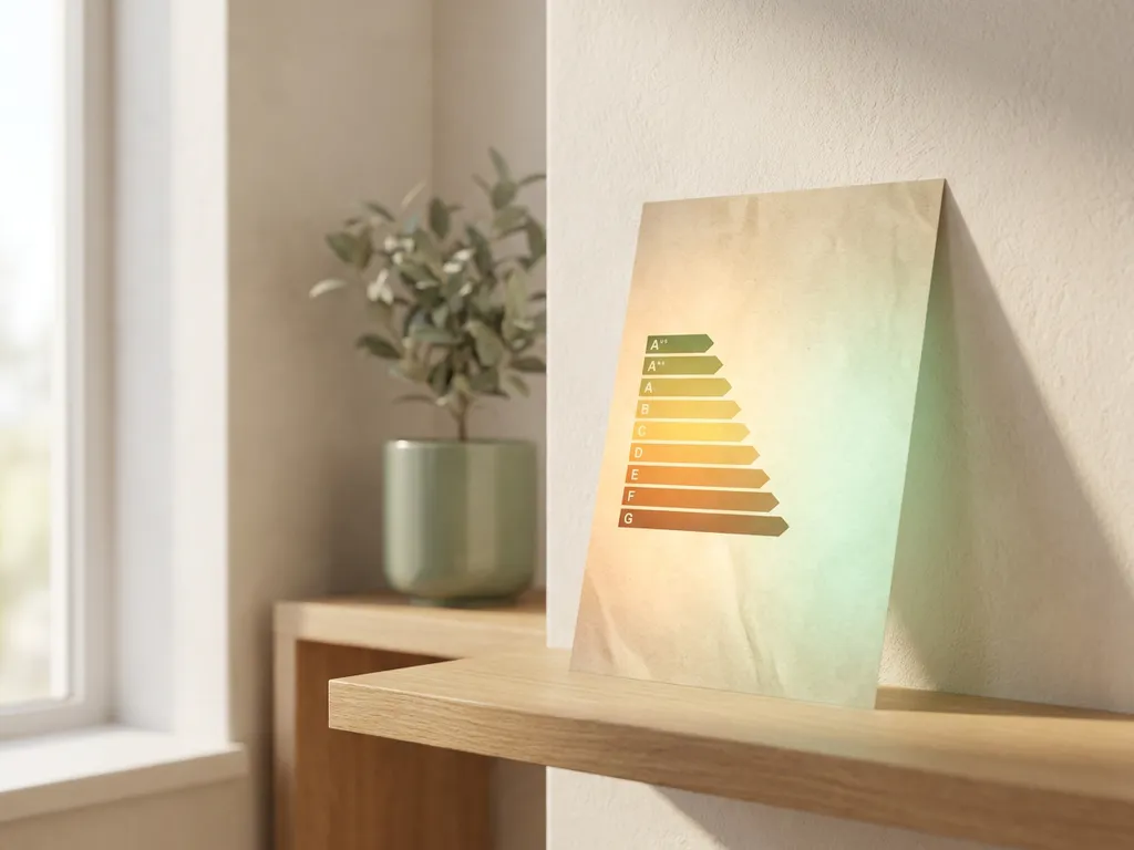 Energielabel certificaat tegen witte muur in minimalistisch interieur, met lichte eiken plank en salie groene plant op achtergrond.