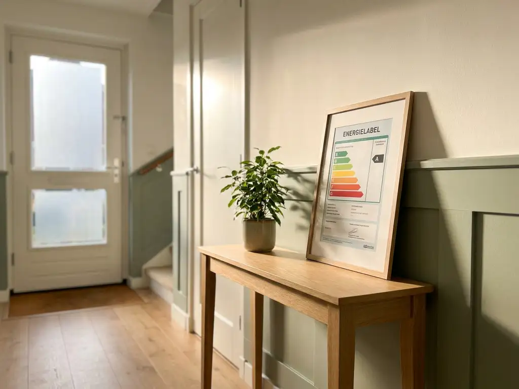 Energielabelcertificaat tegen een lichte eiken sidetafel in een nette Nederlandse rijtjeswoning hal, met kamerplant en warm middaglicht.