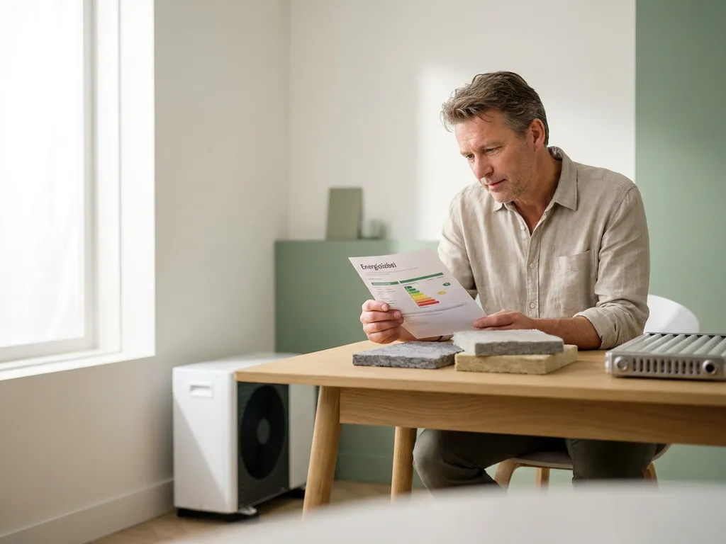 Nederlander bekijkt energielabelcertificaat aan licht eikenhouten bureau, omringd door isolatiemateriaal en een warmtepomp.