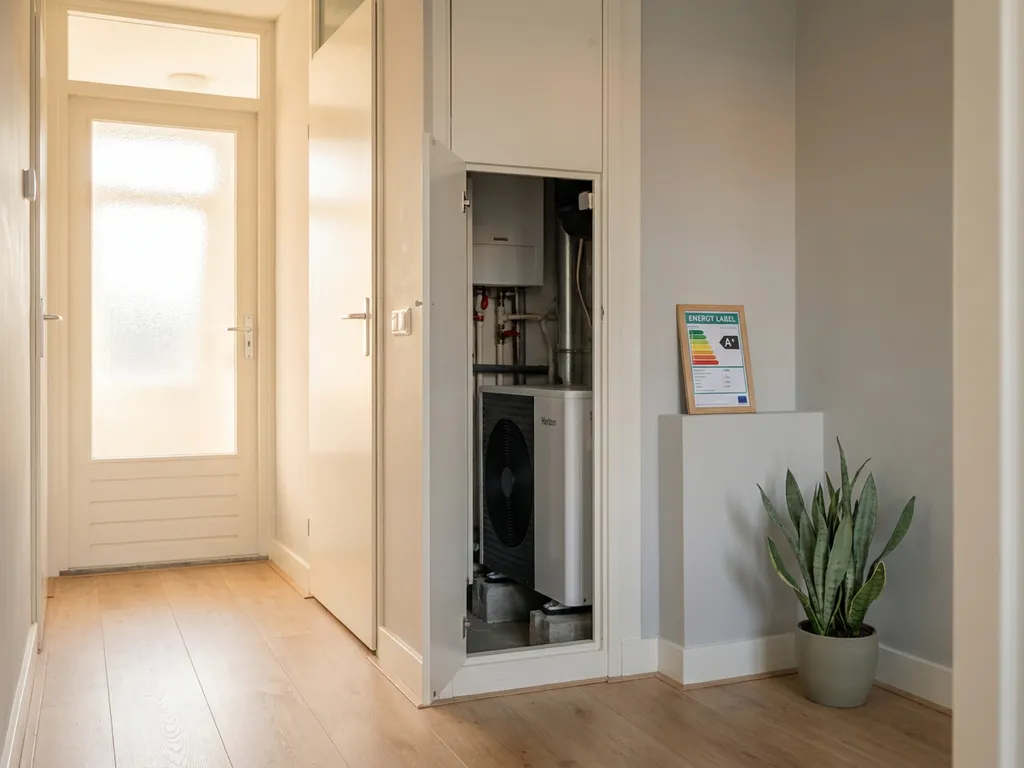 Nette hal van een Nederlandse rijtjeswoning met energielabel, warmtepomp in meterkast en lichthouten vloer.