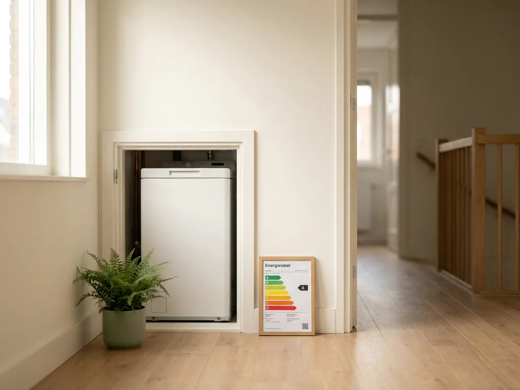Nette hal van een Nederlandse rijtjeswoning met lichte eiken vloer, witte warmtepomp in meterkast en energielabel certificaat tegen de muur.