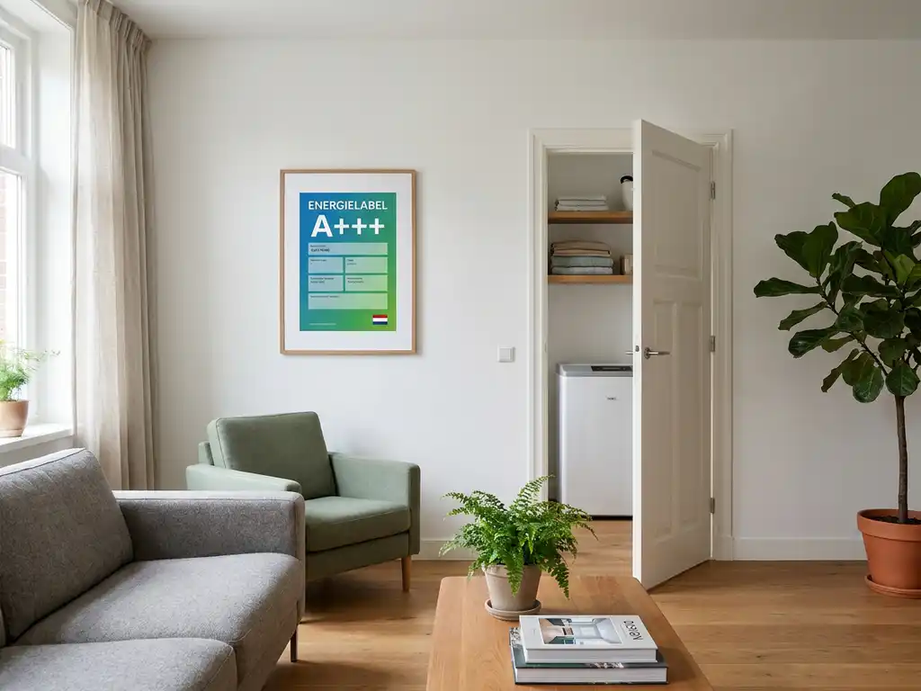Energielabel certificaat op witte muur in moderne Nederlandse woonkamer, met warmtepomp zichtbaar in bijkeuken op de achtergrond.