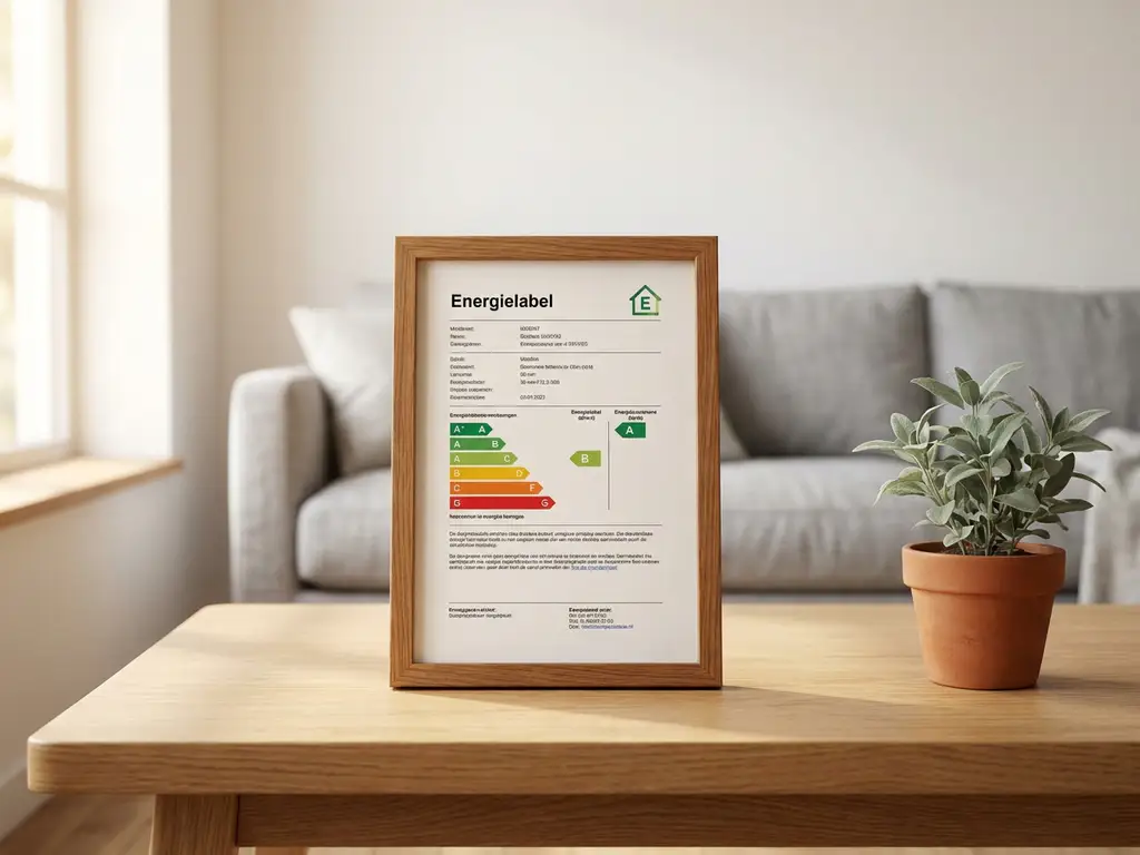 Nederlands energielabel certificaat op een lichte eiken tafel naast een salie-groene plant, warm zijdelings raamlicht.