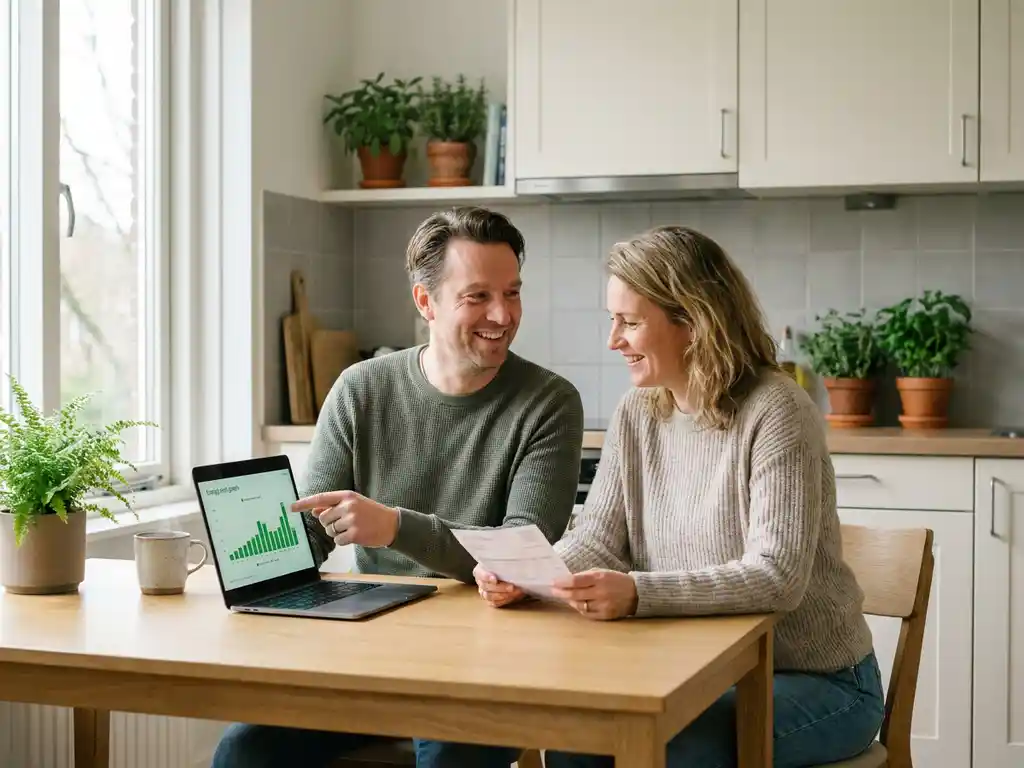Nederlandstalig echtpaar van middelbare leeftijd bekijkt energierekeningen op laptop aan houten keukentafel.