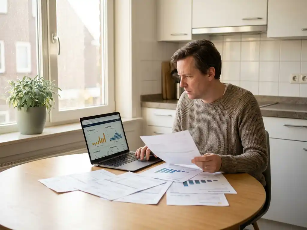 Nederlander van middelbare leeftijd bekijkt energierekeningen en laptop met thuisenergieverbruik aan een eiken keukentafel in lichte, minimalistische keuken.