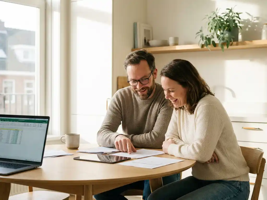 Nederlands stel van middelbare leeftijd bekijkt energierekeningen en documenten aan een lichte eiken keukentafel met laptop.