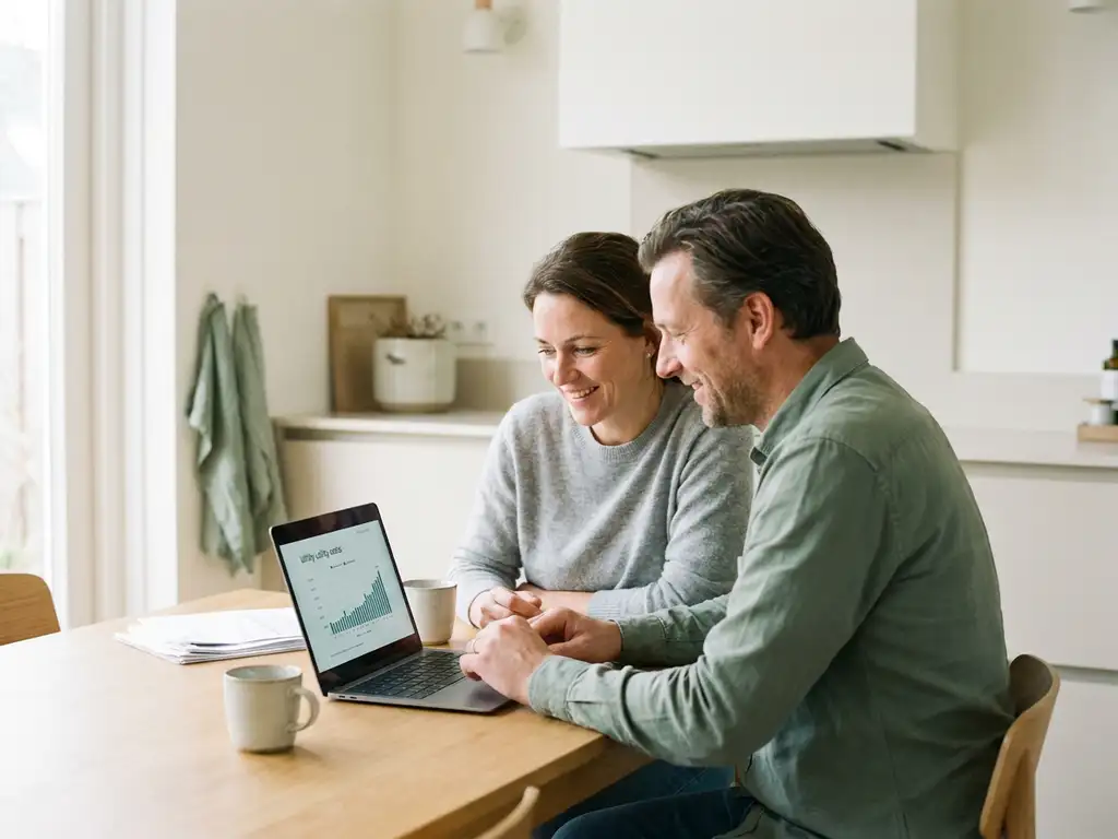 Nederlands stel van begin 40 bekijkt energierekeningen op laptop aan lichte houten keukentafel, ontspannen en zelfverzekerd.