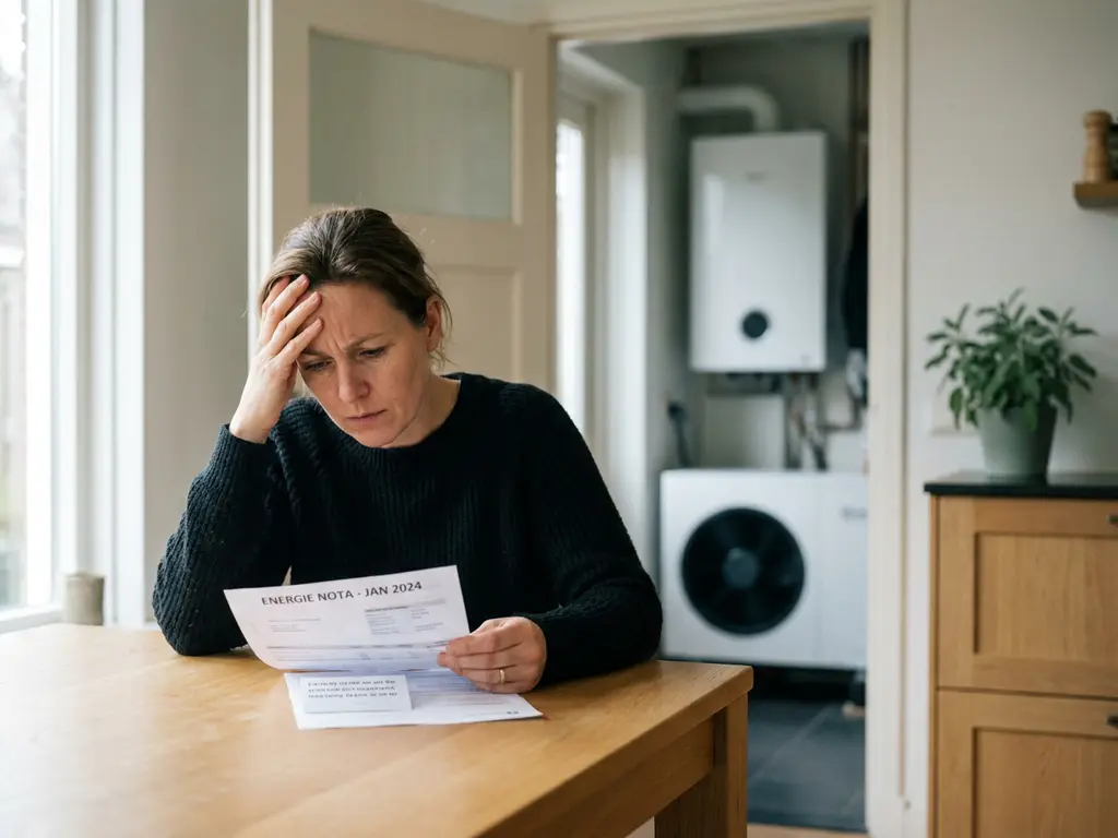 Nederlandse huiseigenaar bekijkt fronsend een energierekening aan een eiken keukentafel, met een witte warmtepomp zichtbaar op de achtergrond.