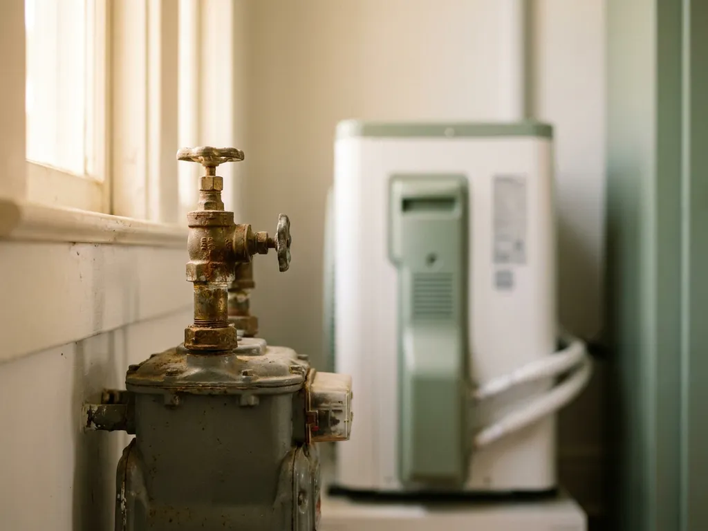 Vintage gasmeter met verroeste afsluitkraan op witte muur, moderne warmtepomp zichtbaar op achtergrond.