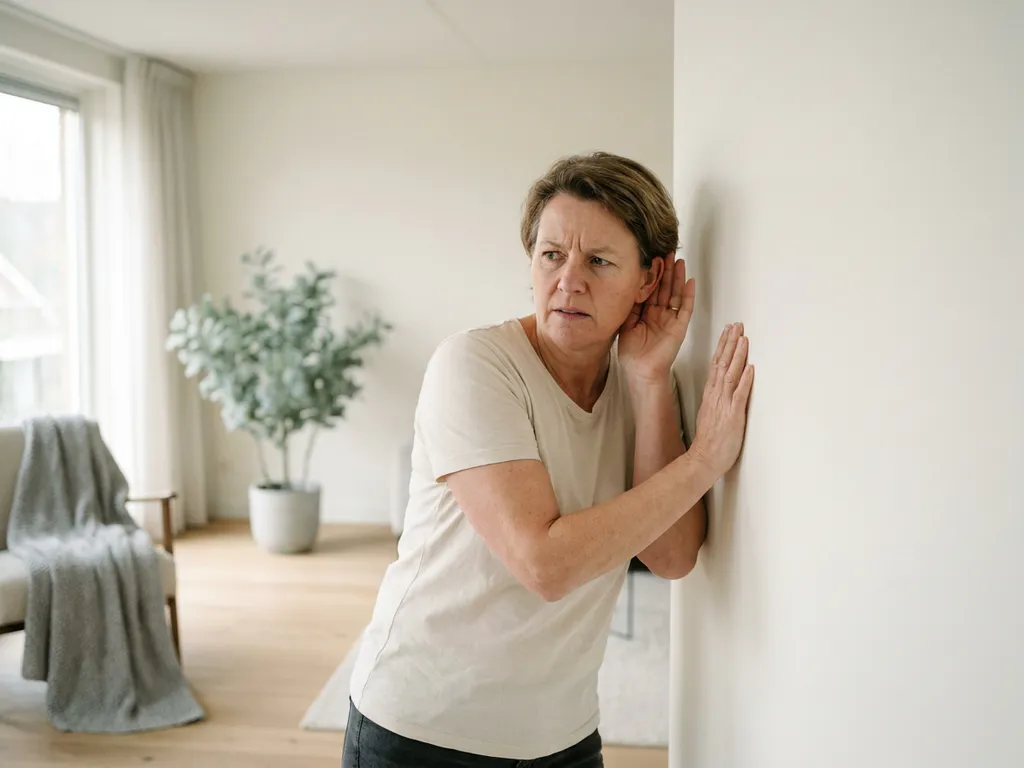 Nederlander luistert gefrustreerd met oor tegen gedeelde muur in minimalistische woonkamer met lichte eiken vloer.