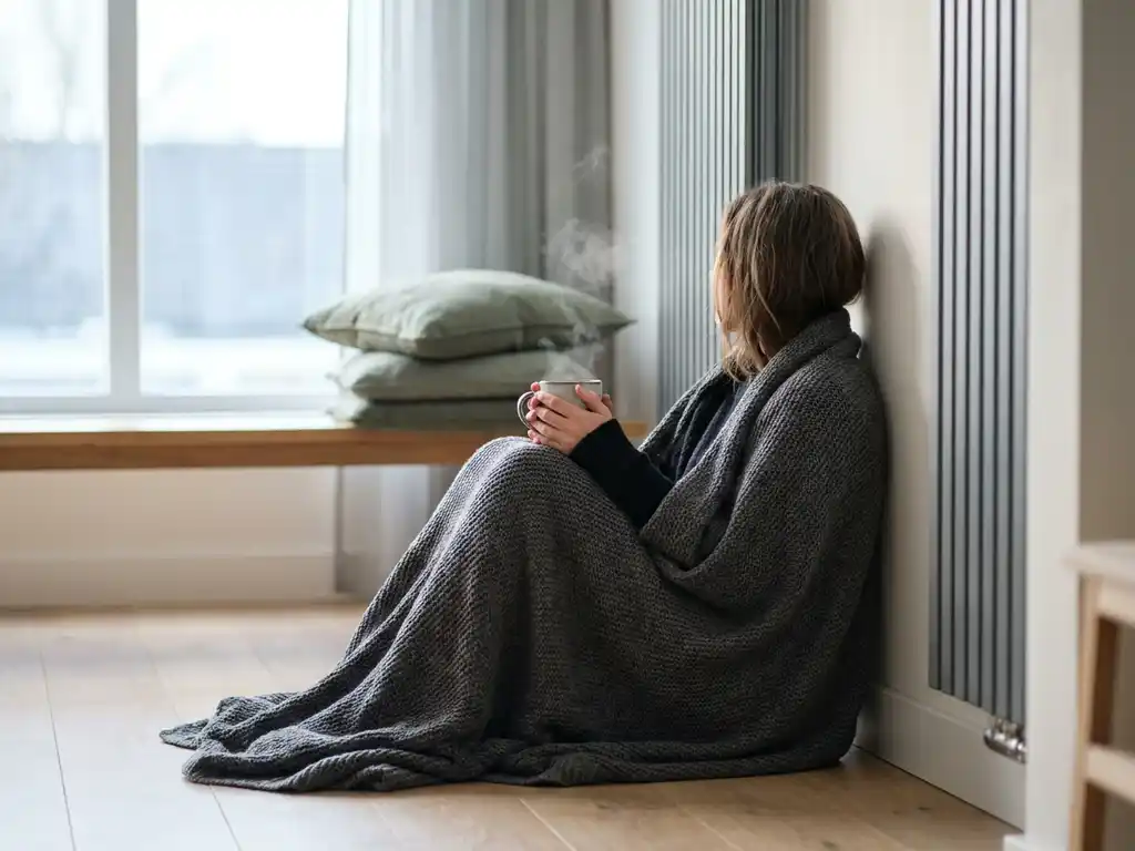 Persoon in gebreide deken op eiken vloer naast radiator, handen om warme mok, zacht ochtendlicht in minimalistisch interieur.