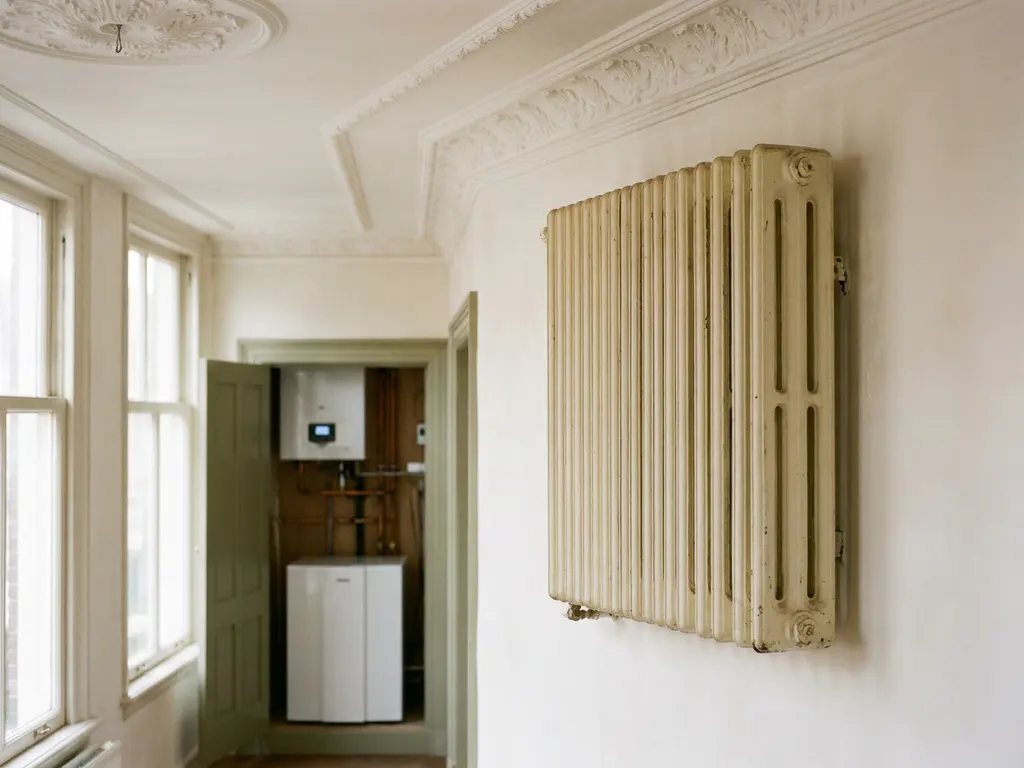 Gietijzeren radiator tegen witte muur in Nederlands grachtenpand, met warmtepomp in open meterkast op de achtergrond.