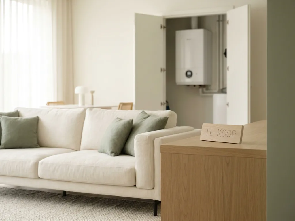 Te koop-bord tegen lichte eiken sidetable in moderne Nederlandse woonkamer met warmtepomp zichtbaar in open meterkast.